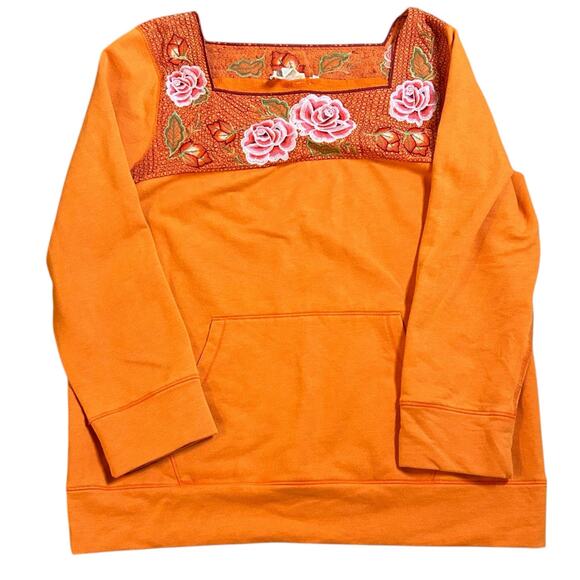Anthropologie Lilka Rosey Orange Embroidered Square Neck Sweatshirt Size Small - Picture 2 of 6
